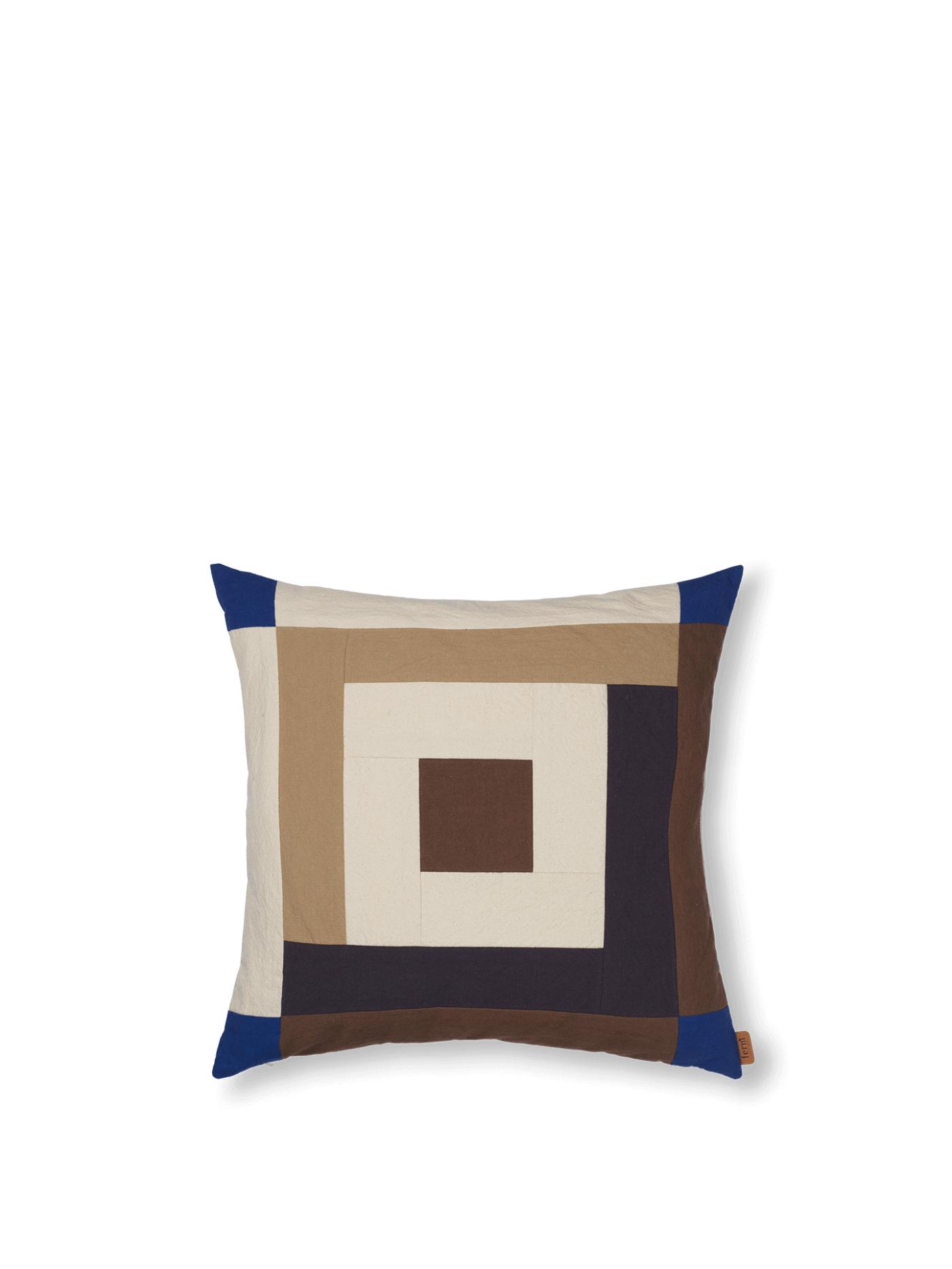 Border Patchwork Cushion – Carob Brown/Bright Blue Cushions